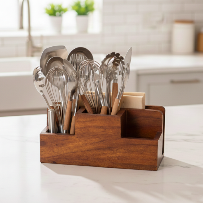 Wooden Cutlery Stand with Napkin Holder: Tiered Design for Table-3-Compartment Spoon Holder - Image 4