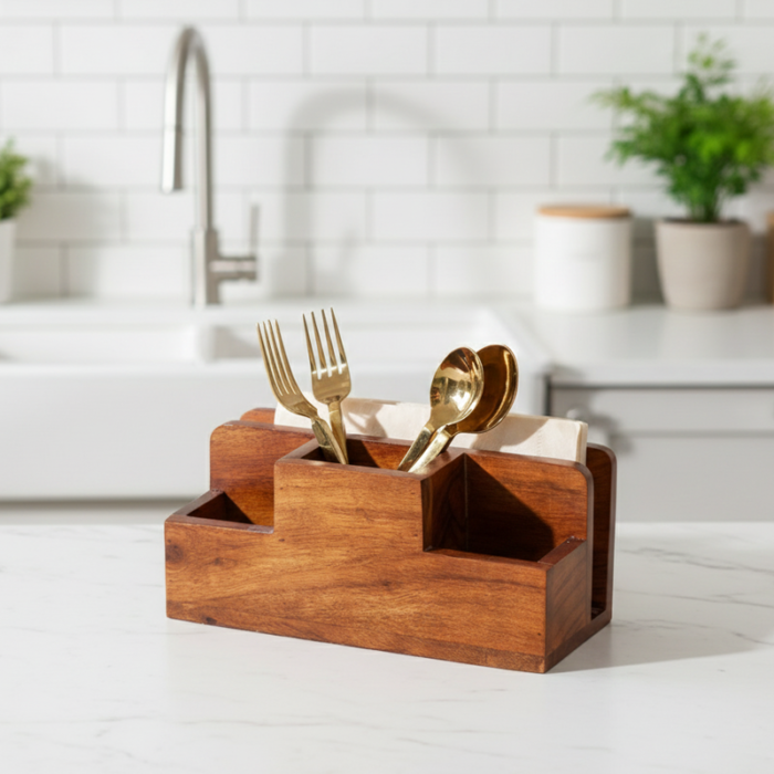 Wooden Cutlery Stand with Napkin Holder: Tiered Design for Table-3-Compartment Spoon Holder - Image 5