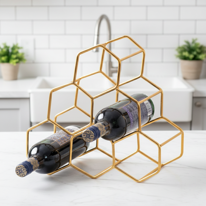 Gold Honeycomb Wine Rack – 6-Bottle Geometric Metal Holder - Image 2