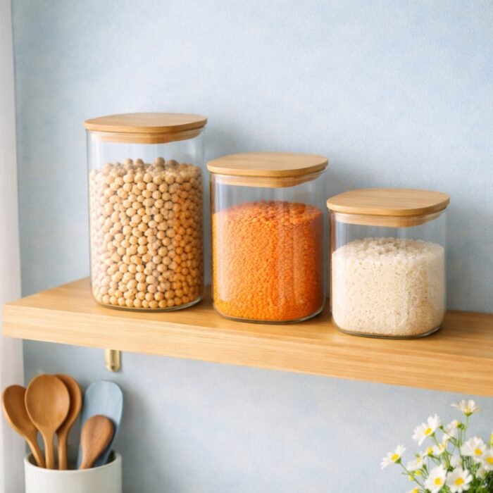 Square Borosilicate Glass Storage Jars – Airtight Food Containers for Pulses, Rice, and Grains-Set of 3 Kitchen Canisters - Image 1