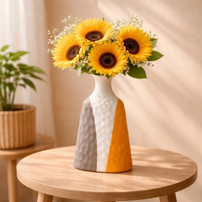 Sunset Blend Vase-Three-Tone Geometric Ceramic Vase – Textured Grey, White, and Ochre - Image 1