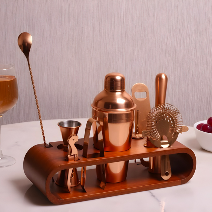 Copper Ember-7-Piece Copper Cocktail Shaker Set - Premium Bartender Kit with Elegant Wooden Stand - Image 3