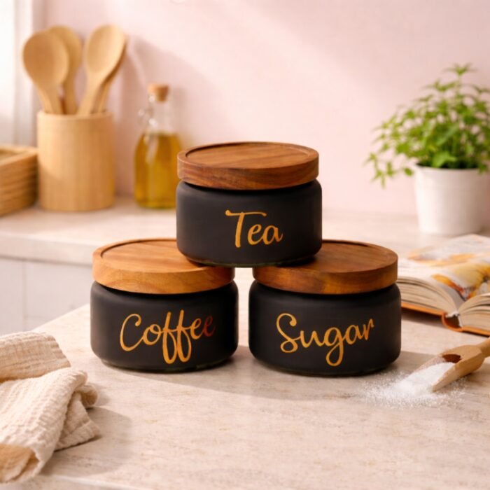 Matte Black Tea Coffee Sugar Canister Set of 3 with Airtight Wooden Lids - Image 1