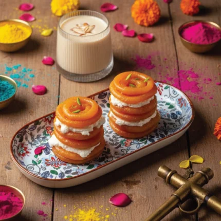 A festive Holi dessert spread on a wooden table, featuring layered jalebi and rabdi sweets served on a rectangular patterned ceramic platter, alongside a ribbed glass of thandai garnished with almonds, surrounded by marigolds, gulal powder, and a traditional brass pichkari.