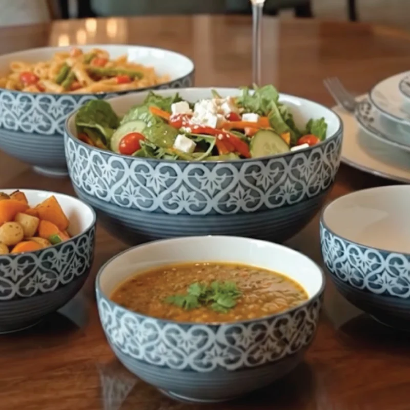 A beautifully styled wooden dining table featuring a set of grey and white patterned ceramic serving bowls filled with fresh salad, soup, pasta, and roasted vegetables.