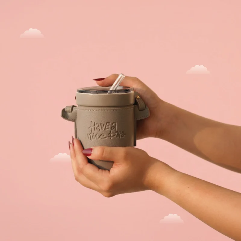 Slate Wander Cup - Charcoal grey ceramic insulated travel mug with leather strap