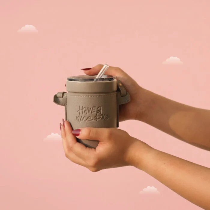 Slate Wander Cup Slate Wander Cup - Charcoal grey ceramic insulated travel mug with leather strap