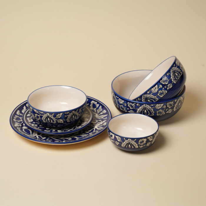 Indigo Royale blue and white handcrafted ceramic dinner set by Intaryaa