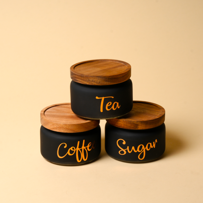 Matte Black Tea Coffee Sugar Canister Set of 3 with Airtight Wooden Lids - Image 4