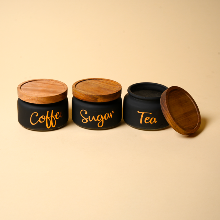 Matte Black Tea Coffee Sugar Canister Set of 3 with Airtight Wooden Lids - Image 2