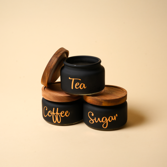 Matte Black Tea Coffee Sugar Canister Set of 3 with Airtight Wooden Lids - Image 3