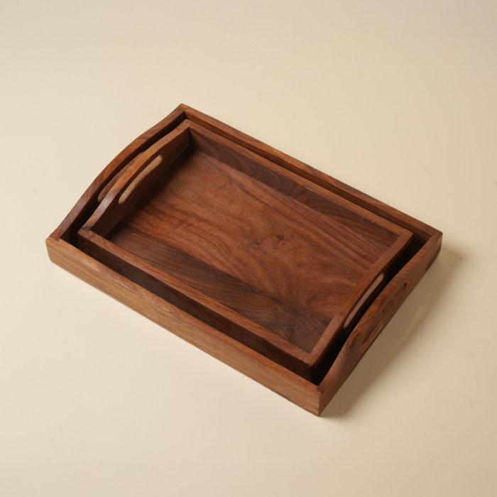 Premium rustic serving trays styled on a living room coffee table with candles