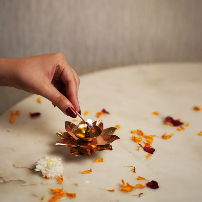 Floral Eternal Mini Jot Floral Eternal Mini Jot copper and gold lotus tealight holder by Intaryaa