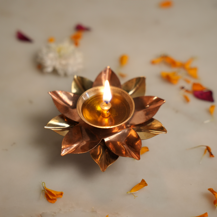 Floral Eternal Mini Jot | Copper & Gold Lotus Tealight Holder | Intaryaa