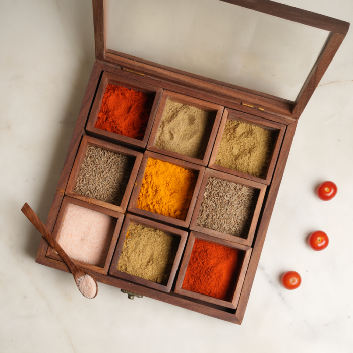 Handcrafted large wooden spice organizer with glass viewing lid
