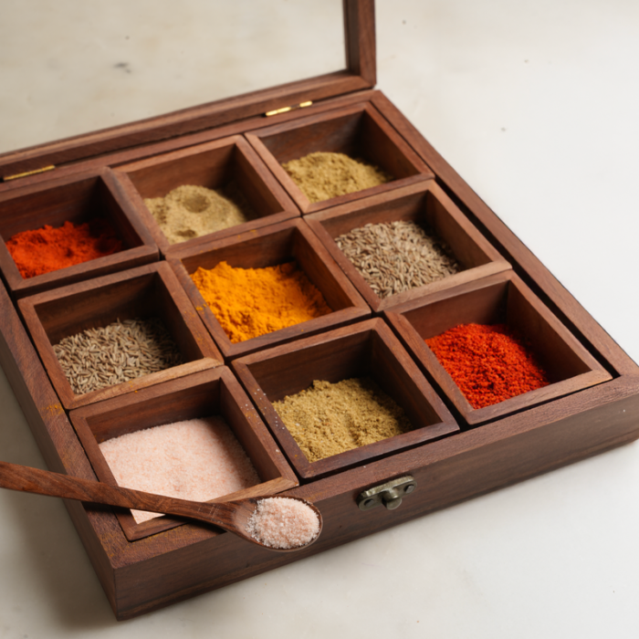 Masala Vault | Large Sheesham Wood Masala Box | Intaryaa