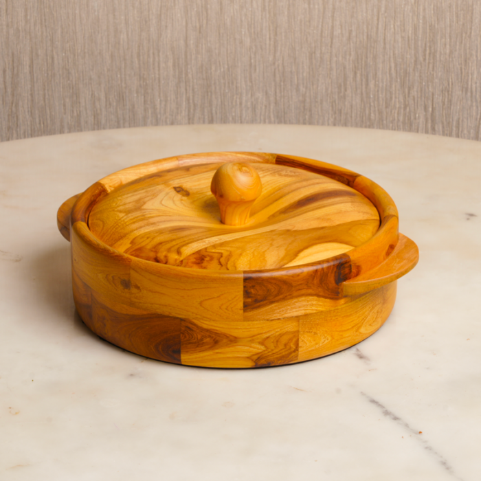 Round wooden chapati box and casserole for kitchen serving