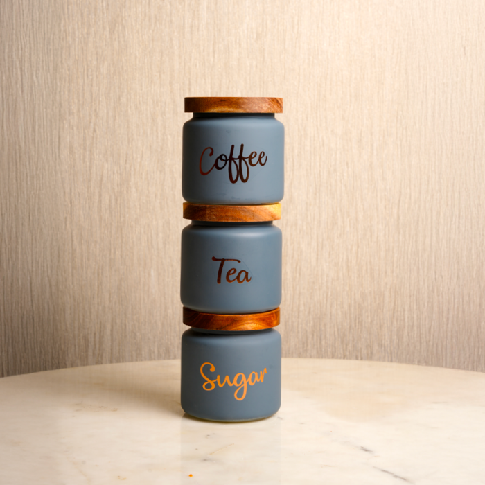 Matte Grey  Tea Coffee Sugar Canister Set of 3 with Airtight Wooden Lids - Image 2