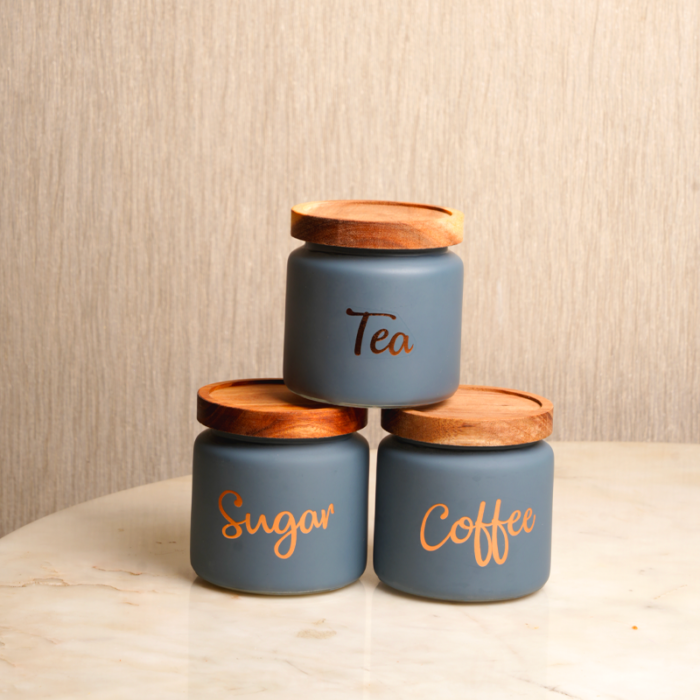 Matte Grey  Tea Coffee Sugar Canister Set of 3 with Airtight Wooden Lids - Image 3