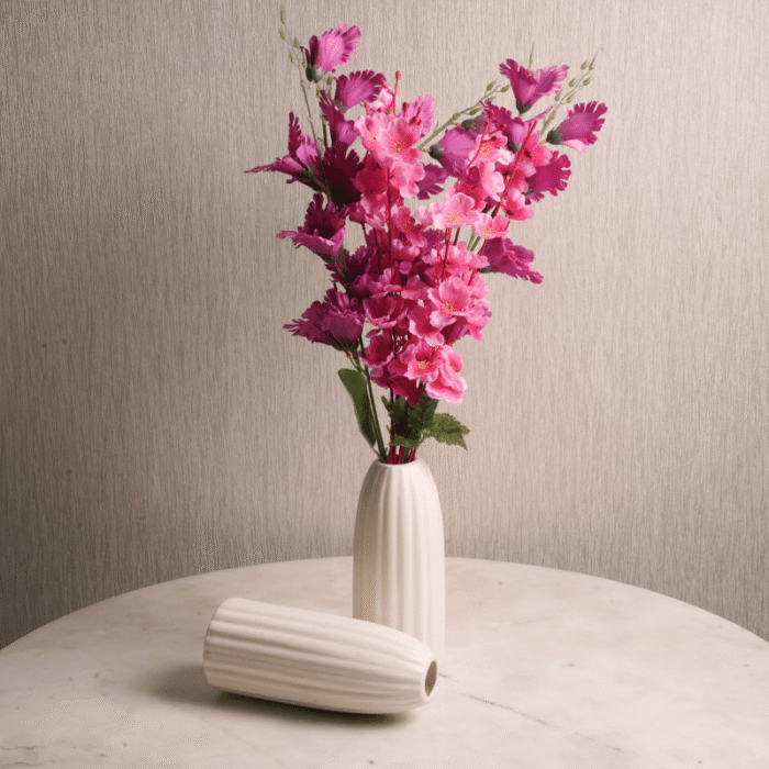 Pearl Crest Vase Set of Two matte ivory fluted ceramic tall vases by Intaryaa