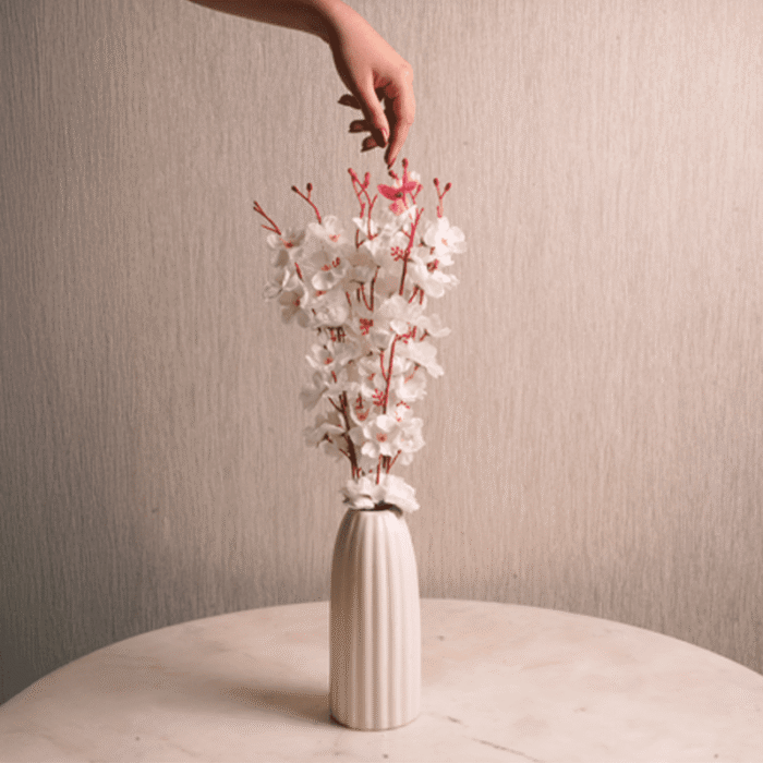 Pearl Crest Vase | Tall Fluted Ivory Ceramic Vase | Intaryaa