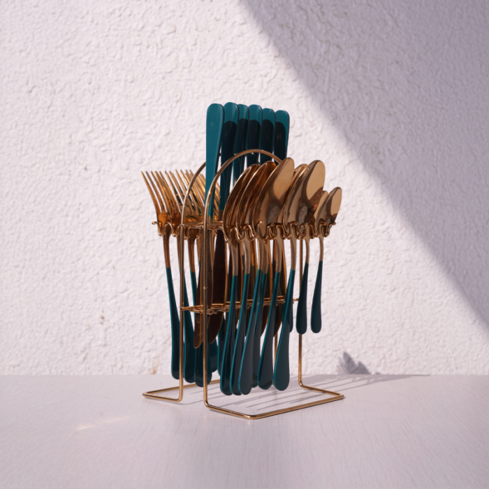 Emerald Gold Cutlery Set | Luxury Green & Gold Flatware | Intaryaa