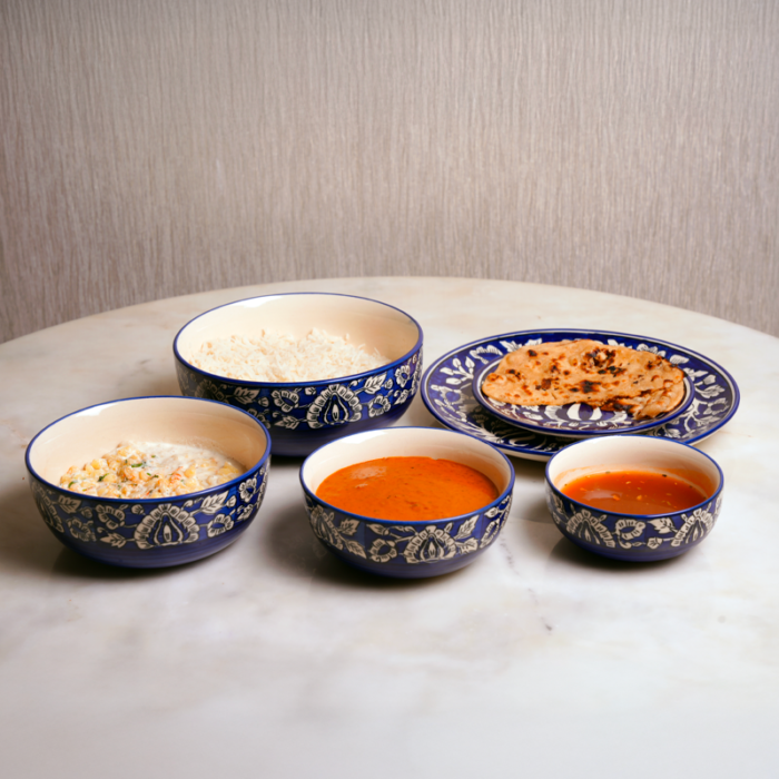 Indigo Royale blue and white handcrafted ceramic dinner set by Intaryaa