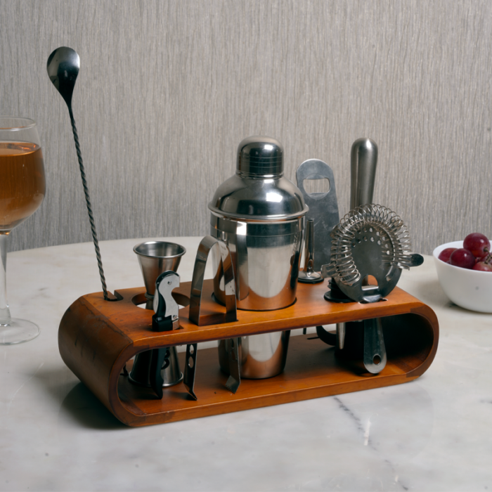 Silver Frost-7-Piece Copper Cocktail Shaker Set - Premium Bartender Kit with Elegant Wooden Stand - Image 1
