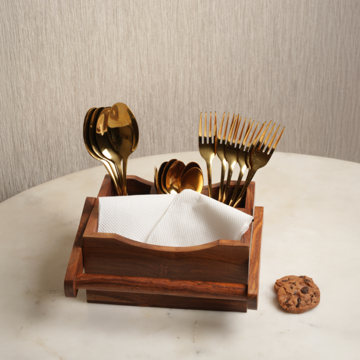 The Rustic Hold-Wooden Cutlery Holder with Handle: 4-Compartment Tabletop Organizer - Image 3