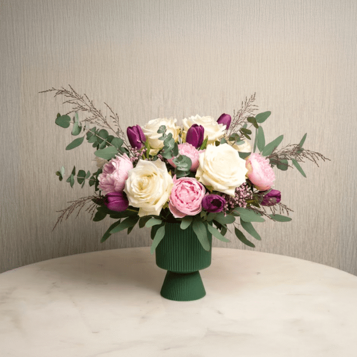 Forest Green Ribbed Ceramic Pedestal Vase - Image 1