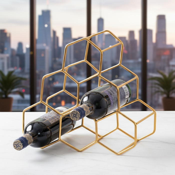 unnamed Gold Honeycomb Wine Rack – 6-Bottle Geometric Metal Holder - Image 1