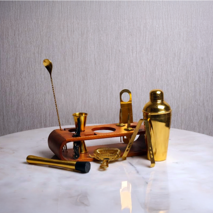 Gold Flame-7-Piece Copper Cocktail Shaker Set - Premium Bartender Kit with Elegant Wooden Stand - Image 2