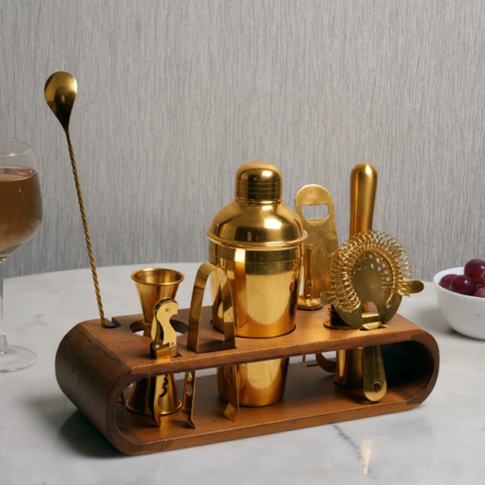 Gold Flame-7-Piece Copper Cocktail Shaker Set - Premium Bartender Kit with Elegant Wooden Stand - Image 1