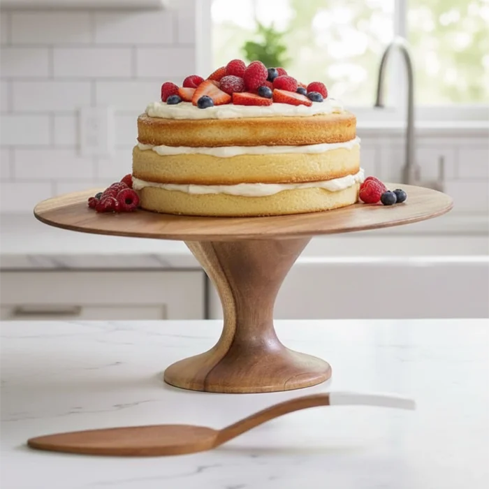 Tabletop Serving Stand-Solid Wood Round Cake Platter - Natural Grain Pedestal Stand for Weddings & Birthdays - Image 3