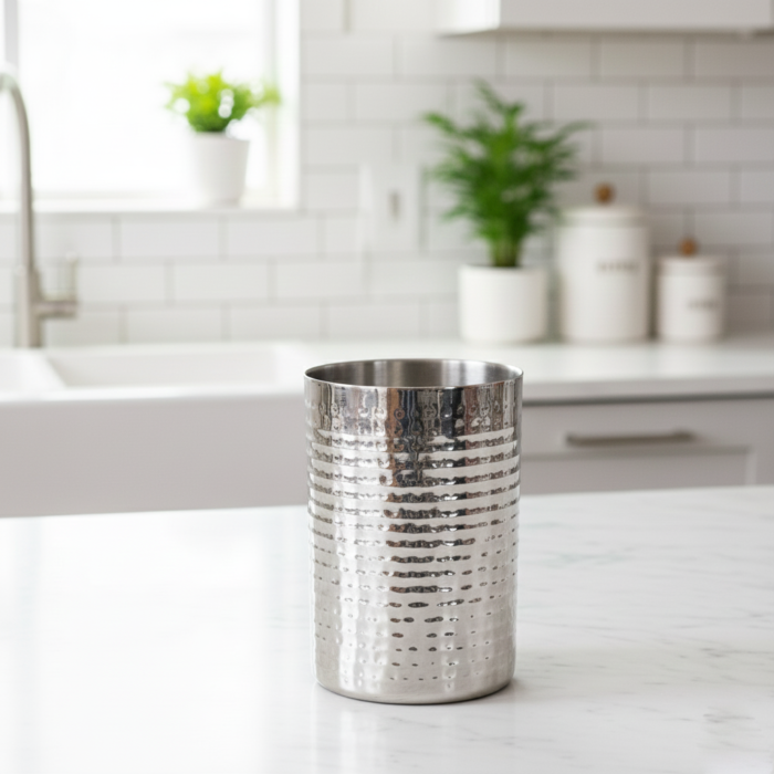 Premium textured stainless steel wine bucket sitting on a styled dining table