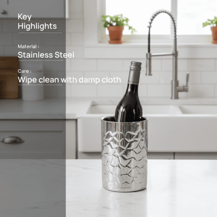 Vintora hammered stainless steel wine chiller holding a bottle by Intaryaa