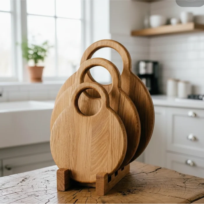 Round Wooden Chopping Board Set of 3 with Stand | Multi-Purpose Cheese & Snack Boards - Image 3