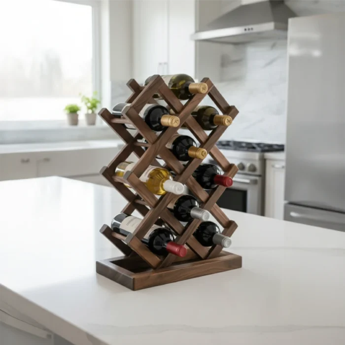 9-Bottle Dark Wood Wine Rack with Solid Base - Image 1
