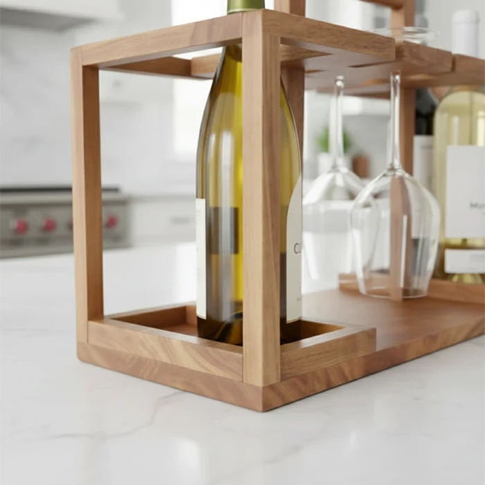 4-Bottle Wooden Wine Rack with Integrated Glass Storage - Image 2