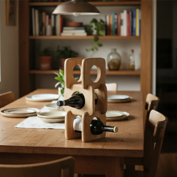 Modern Interlocking Oak Wine Rack – 3-Bottle Countertop Holder - Image 3