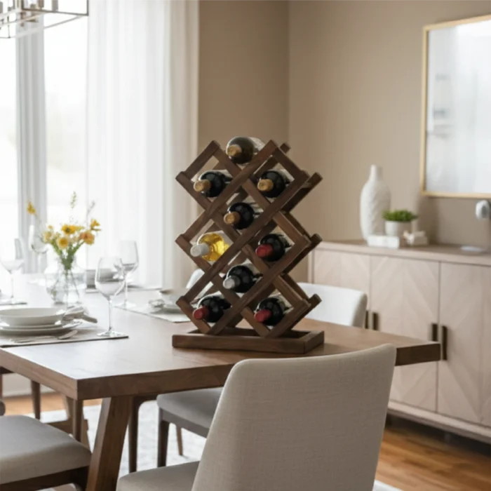 9-Bottle Dark Wood Wine Rack with Solid Base - Image 3