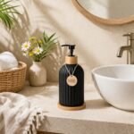 Matte Black Ribbed Glass Soap Dispenser with Bamboo Pump-Bathroom Soap Bottle-350ml