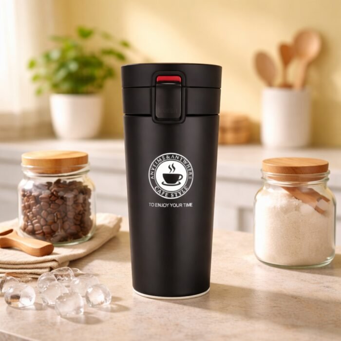 Matte Black Vacuum Insulated Coffee Tumbler with Lid – Leakproof Stainless Steel 400ml (Hot & Cold) - Image 1
