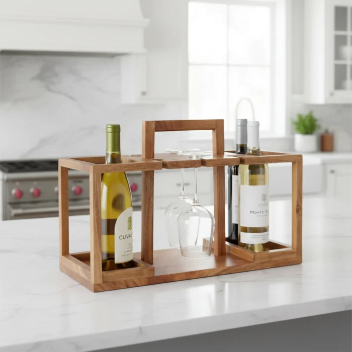 4-Bottle Wooden Wine Rack with Integrated Glass Storage