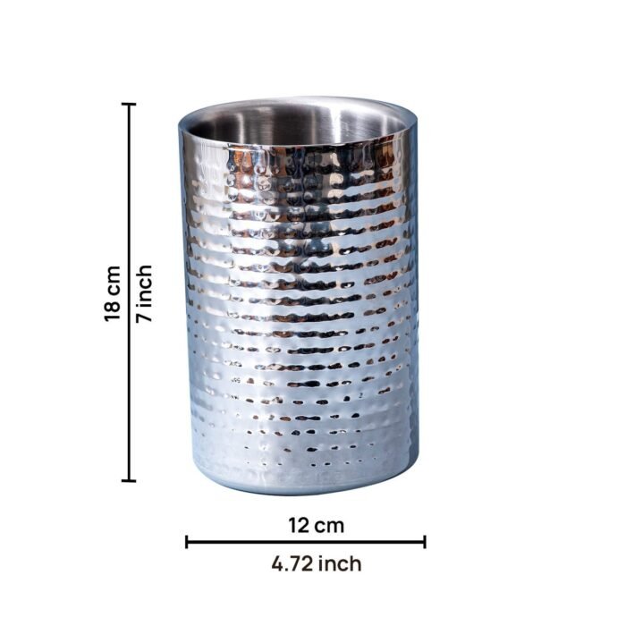 Elegant silver metal wine cooler without ice for a modern home bar setup