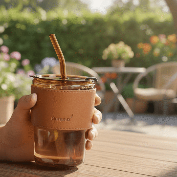 Reusable glass cup for iced coffee on table