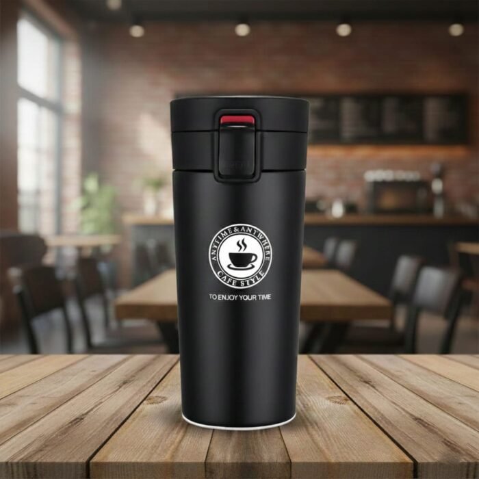 Matte black insulated stainless steel travel coffee mug with leak-proof lid by Intaryaa