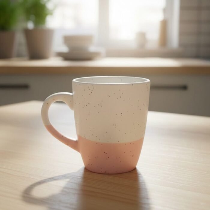 The Column Cup Minimalist white ceramic coffee mug with pink base