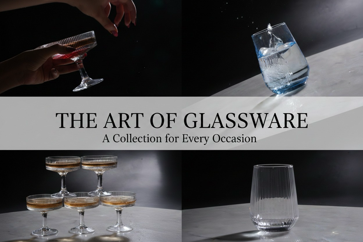 A promotional banner for a glassware collection featuring elegant ribbed coupe glasses, a modern water tumbler with splashing ice, and a text overlay reading 'The Art of Glassware: A Collection for Every Occasion'.