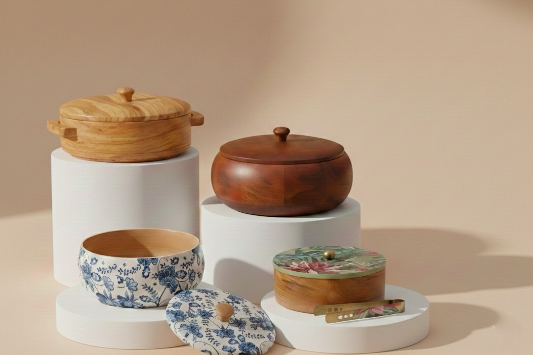 Decorative wooden and ceramic kitchen storage containers.